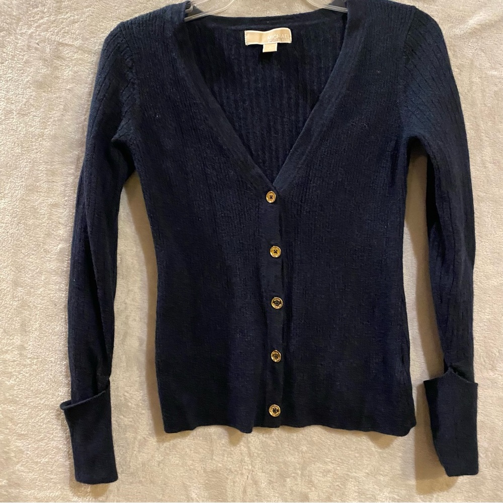 Michael Kors Cardigan Women’s Small Blue Wool Blend Sweater Button Down Ribbed